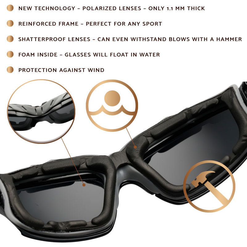 Aero Sport Sunglasses from A-vision Eyewear, new technology, polarized lenses, shatterproof lenses, can even withstand blows with a hammer, foam inside, glasses will float in water