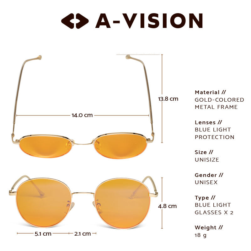 Blue Light Night Glasses from A-vision, blue light protection, gold-colored metal frame