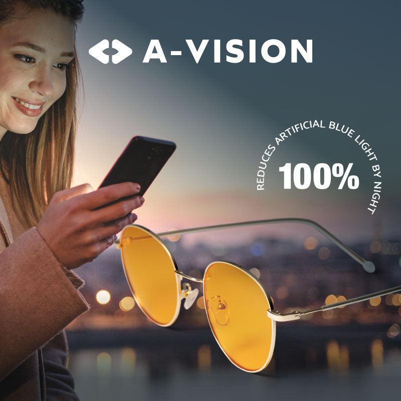 A-vision Eyewear, blue light night glasses, reduces artificial blue light by night with 100%