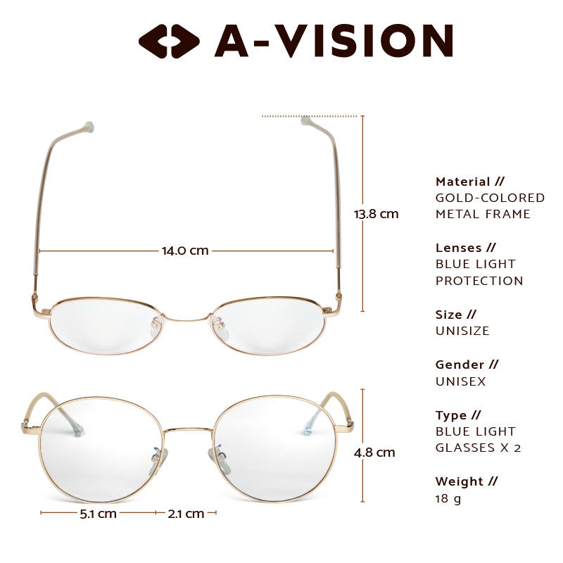 A-vision Blue Light Glasses, blue light protection, gold-colored metal frame